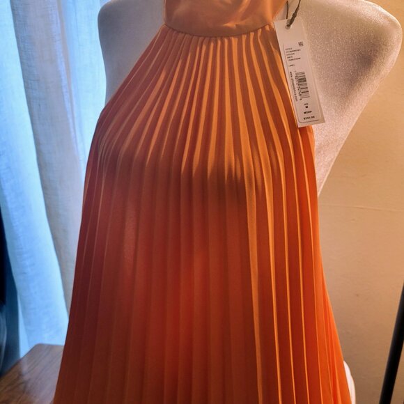 Alice + Olivia AVIANA ORANGE HALTERNECK SUNBURST PLEATED MINI DRESS Size M - Picture 3 of 9